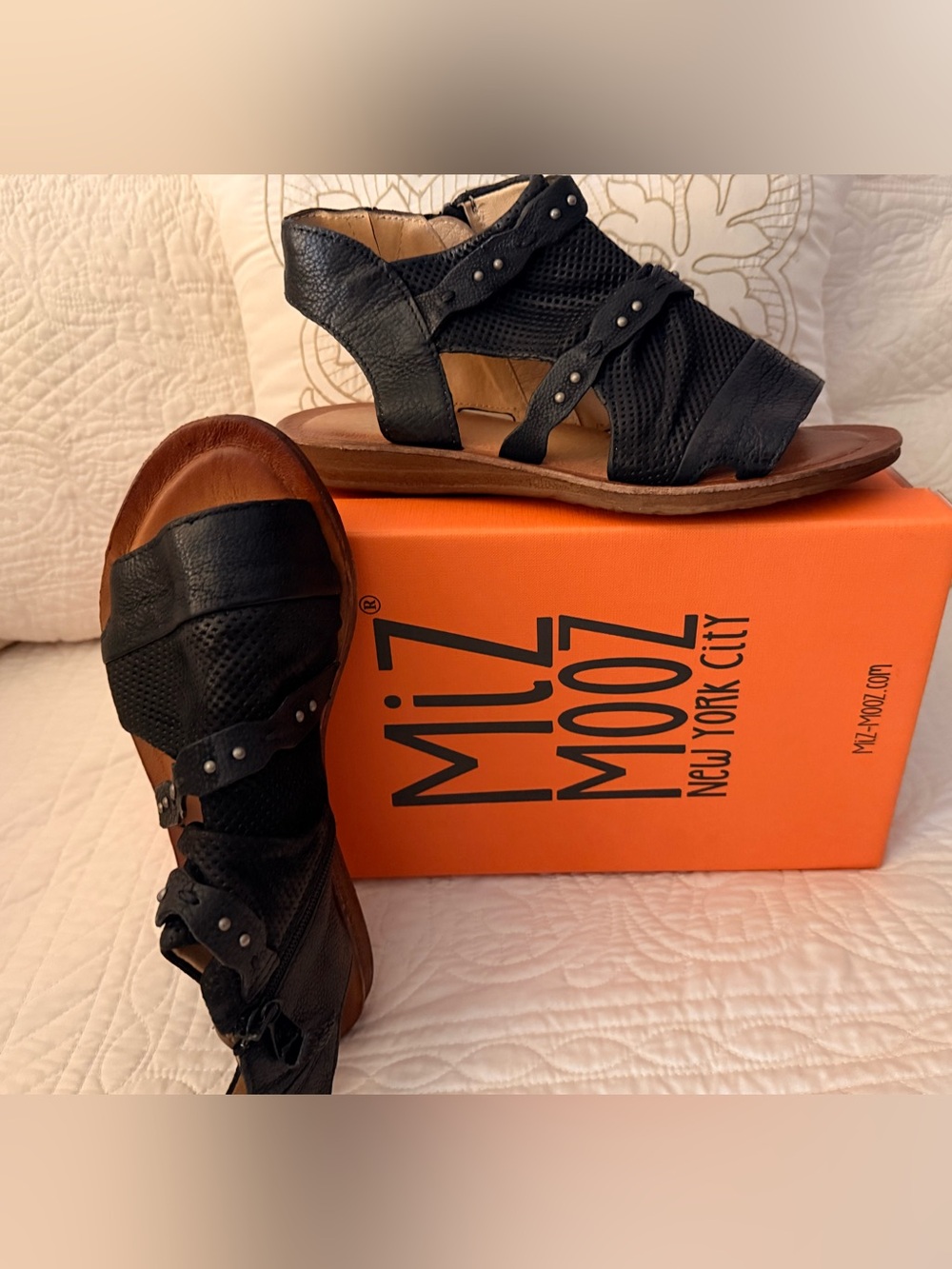 Miz Mooz Black Leather Cutout Sandal with Stud Accents